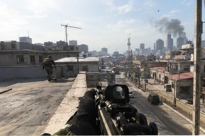 Pro – Warzone sniper scope aimbot with red enemy ESP box and distance tag on PC
