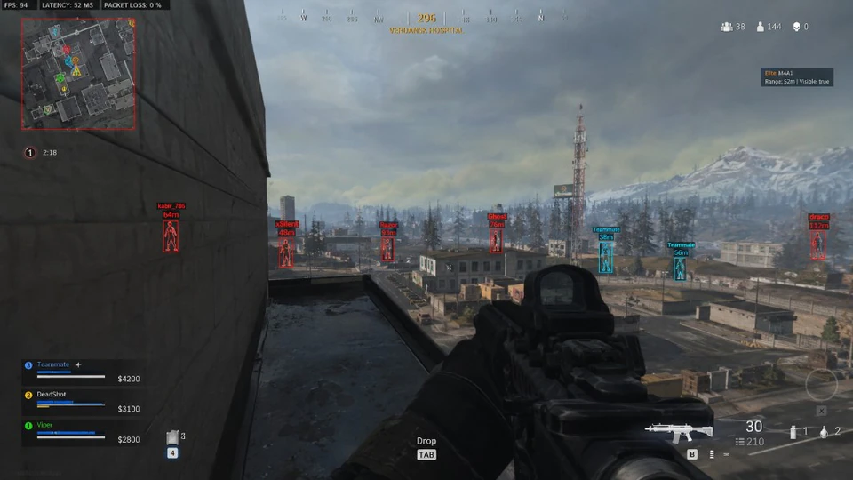 Lite – Warzone snowy mountain ESP with red enemy boxes through pine trees