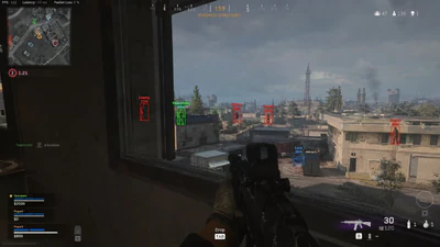 Ugc – Warzone urban combat ESP overlay with multiple enemy boxes on a city block