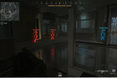 Skin Changer – Warzone indoor ESP wallhack showing enemies through walls with red skeletons