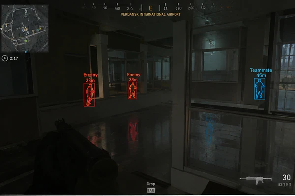 Skin Changer – Warzone indoor ESP wallhack showing enemies through walls with red skeletons